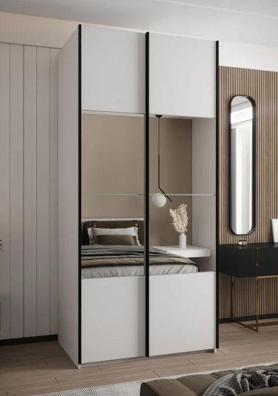 Kleiderschrank / Schiebetürenschrank | 2 Schiebetüren | 245,5 x 110 x 64 cm | Spiegel | Soft-Close | 2 Kleiderstangen | 6 Fächer | Farbe: Weiß