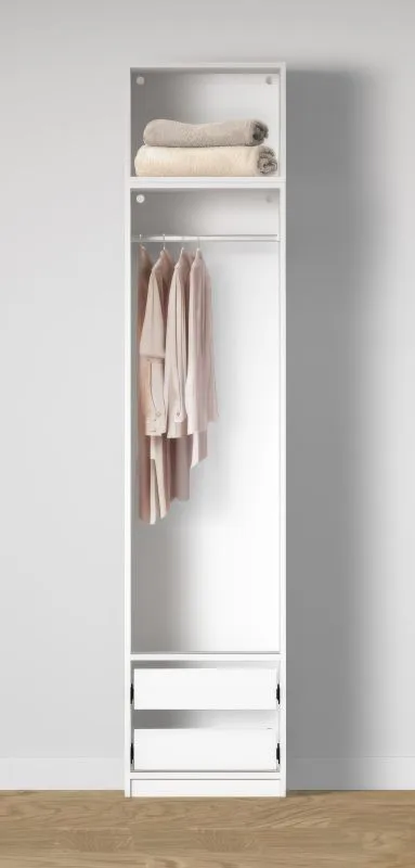 Offener Kleiderschrank | 1 Kleiderstange | Farbe: Weiß | 2 Schubladen | 1 Fach | modernes Finish | 51,5 x 55 x 234 cm | für Flur oder Ankleidezimmer
