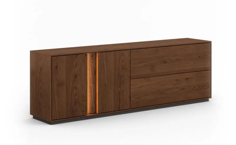 TV-Unterschrank Sienne 08, Wildeiche massiv, in Tabacco geölt, sechs Fächer, vier Türen, gebürstet, Push-to-open Funktion, Maße: 60 x 185 x 43,5 cm