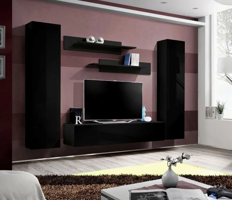 Dunkle Wohnzimmer Wohnwand Hompland 04, Farbe: Schwarz - Abmessungen: 170 x 260 x 40 cm (H x B x T), mit Push-to-open Funktion