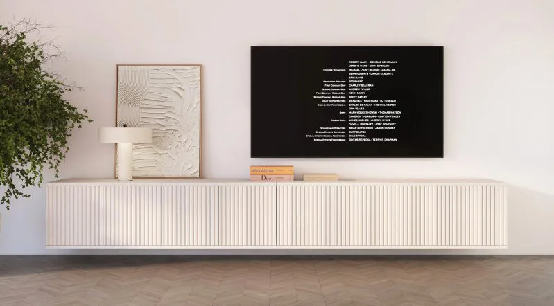 Hängender TV-Unterschrank | Kaschmir | 8 Drehtüren | 8 Fächer | 280 x 40 x 40 cm | Push-to-open Funktion | Lamellen Design | für Wohnzimmer | TV-Möbel