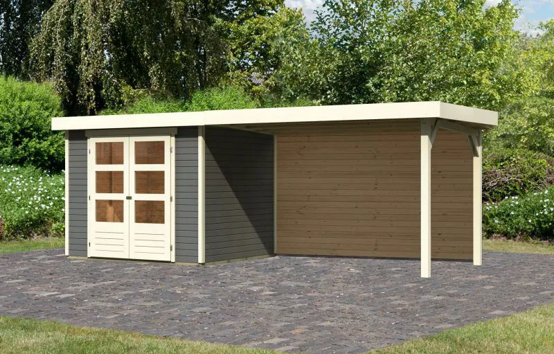 Gartenhaus SET AKTION mit Anbaudach & Doppelflügeltür, Farbe: Terragrau, Grundfläche: 5,05 m²
