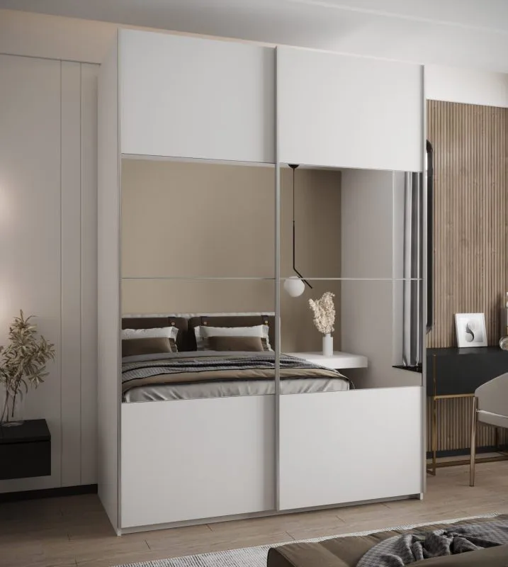 Kleiderschrank / Schiebetürenschrank | 11 Fächer | 245,5 x 180 x 64 cm | Soft-Close-Funktion | Spiegel | 2 Schiebetüren | 2 Kleiderstangen | Farbe: Weiß