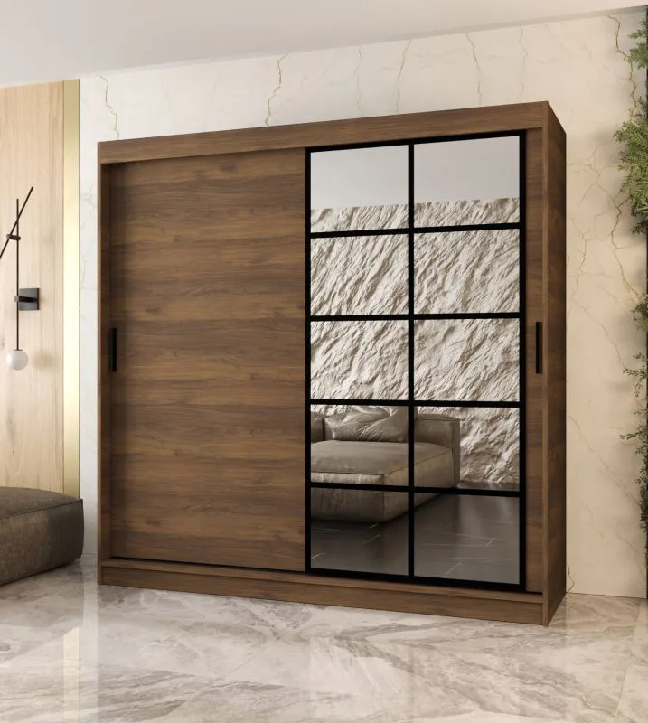 Kleiderschrank | Farbe: Walnuss Warmia | 10 Fächer | 2 Kleiderstangen | hochwertig Verarbeitet | 200 x 62 x 200 cm | Schiebetürenschrank | dekorative Spiegeltür
