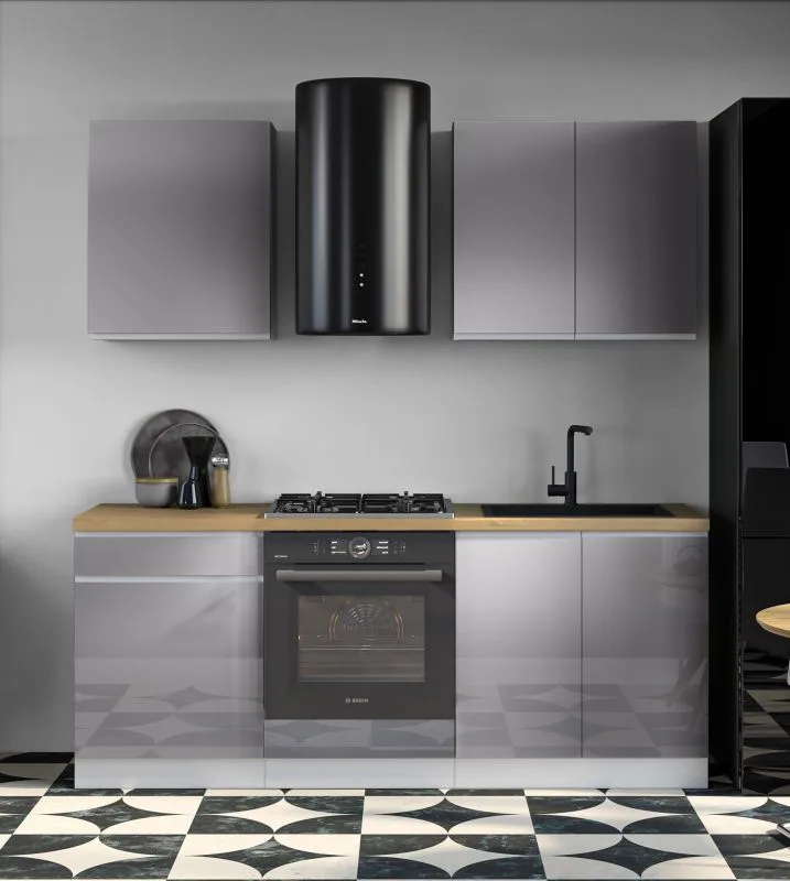 Küchenzeile / Küchenblock | Farbe: Grau | 2 Meter breit | 5 Elemente | inkl. Front- und Seitenblenden | Soft-Close-Funktion | griffloses System | schlichtes Design