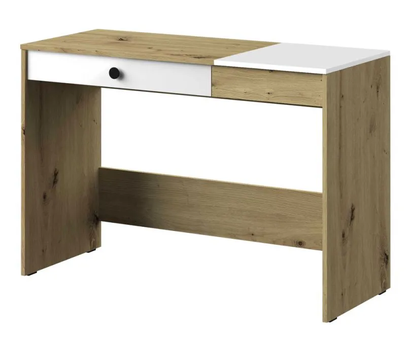 Schreibtisch Sirte 10, Farbe: Eiche / Weiß / Schwarz Hochglanz - Abmessungen: 82 x 120 x 50 cm (H x B x T)
