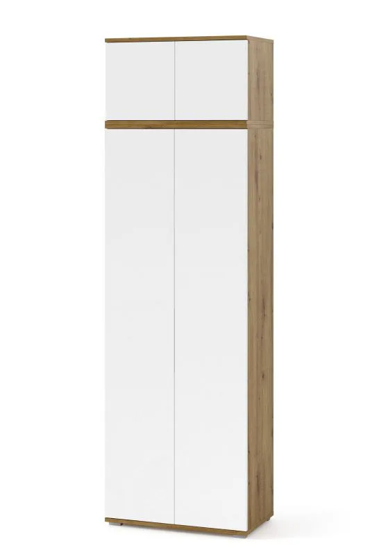 Garderobenschrank mit Schrankaufsatz | Farbe: Eiche Artisan / Weiß | 4 Türen | Push-to-open Funktion | 5 Fächer | 70 x 40 x 225 cm | eine ausziehbare Kleiderstange