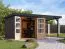Holz Gartenhaus Anbaudach terragrau/anthrazit, robuste metallverstärkte-Ecken, Trapezblechdach, Doppelflügeltür mit Zylinderschloss, 2,38 × 2,42 m