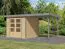 Holz Gartenhaus Anbaudach 2,35 m, nordische Fichte naturbelassen/graualuminium, Trapezblechdach 2,38 × 2,13 m, Zylinderschloss mit Doppelflügeltür