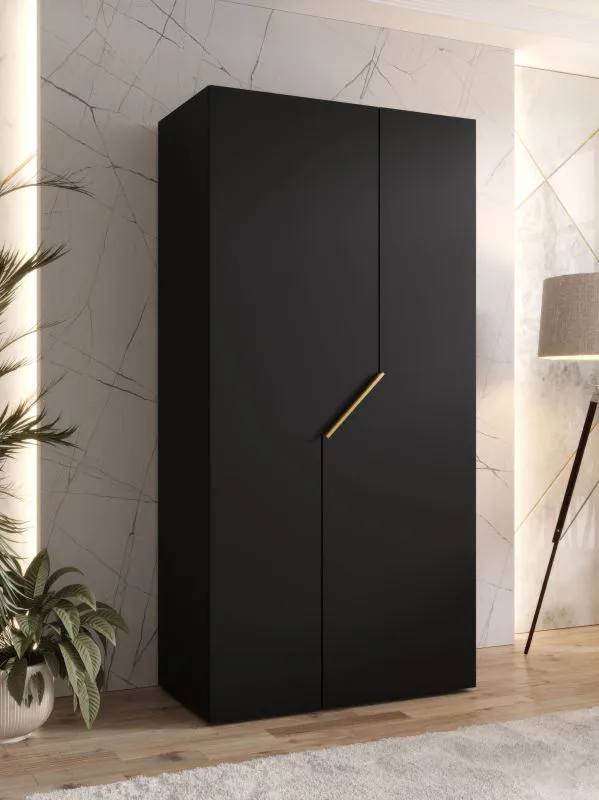 Kleiderschrank / Drehtürenschrank | Farbe: Schwarz | 1 Meter breit | 1 Fach | 1 Kleiderstange | Griffe: Gold | Maße: 100 x 52 x 202 cm | Soft-Close-Funktion | ABS