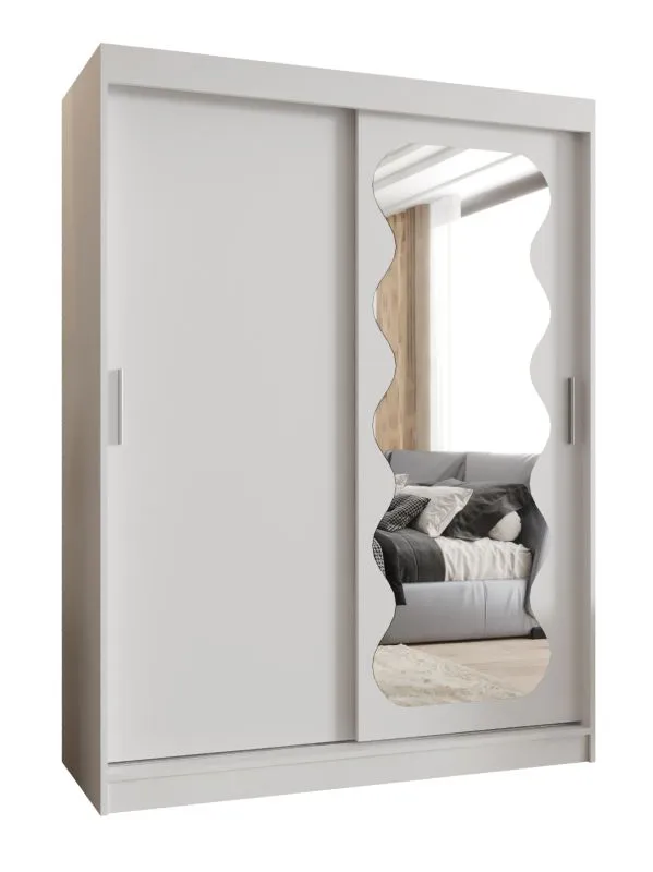 Kleiderschrank mit fünf Fächer Bernina 10, Farbe: Weiß, Aluminiumschienen, 1,5 Meter breit, eine Tür mit Spiegel, zwei Kleiderstangen, Schiebetürenschrank