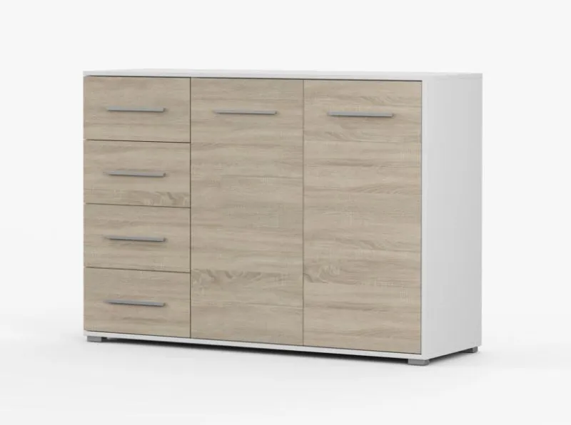 Kommode | Eiche / Weiß | Comarca 30 | 96 x 135 x 45 cm | 2 Türen | 4 Schubladen | 3 Fächer | Holzoptik | dezente Griffe, silberfarben | Sideboard