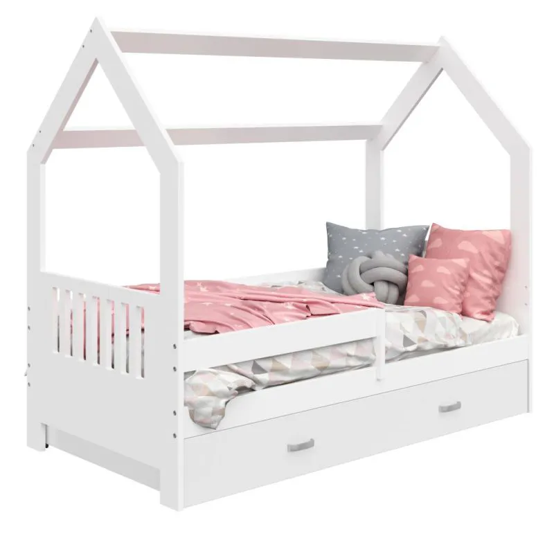 Kinderbett / Hausbett Kiefer Vollholz massiv weiß lackiert D3E, inkl. Lattenrost - Liegefläche: 80 x 160 cm (B x L)
