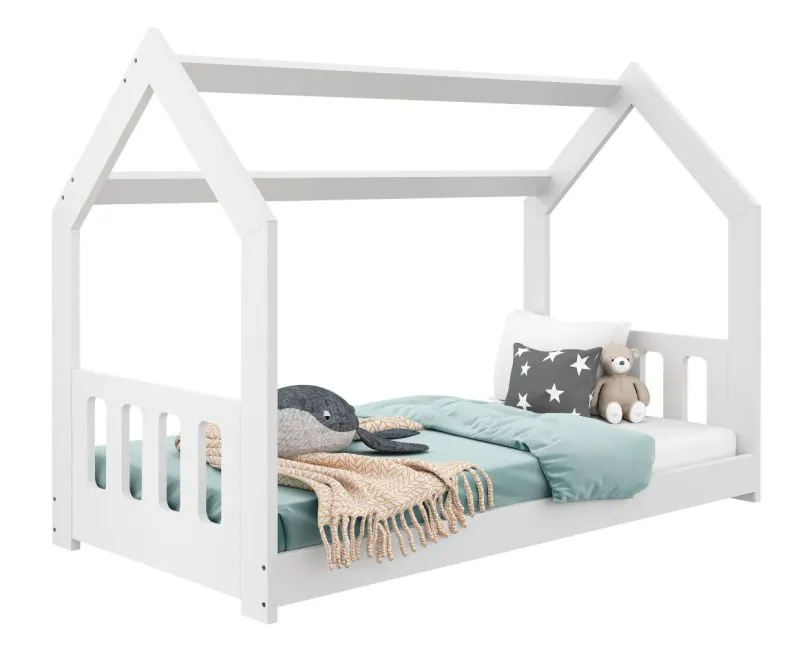 Kinderbett / Hausbett Kiefer Vollholz massiv weiß lackiert D2C, inkl. Lattenrost - Liegefläche: 80 x 160 cm (B x L)