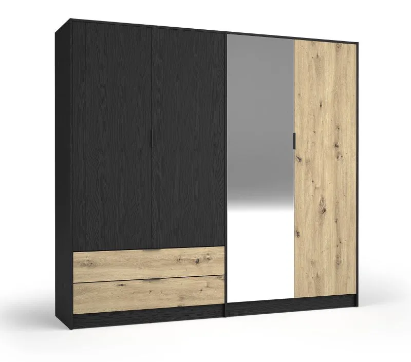Großer Kleiderschrank / Drehtürenschrank Galatsi 01, eine Spiegeltür, Farbe: Schwarz mit Holzstruktur / Eiche Artisan, zwei Schubladen, Maße: 203 x 220,5 x 54 cm
