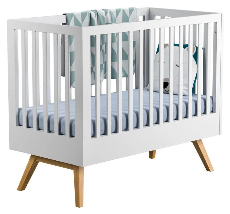 Babybett / Gitterbett Naema 01, Farbe: Weiß / Eiche - Liegefläche: 60 x 120 cm (B x L)