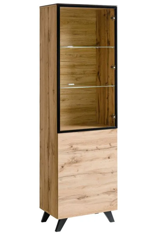 Vitrine Nautnes 02, Farbe: Eiche Wotan / Schwarz - Abmessungen: 197 x 60 x 40 cm (H x B x T), mit fünf Fächern