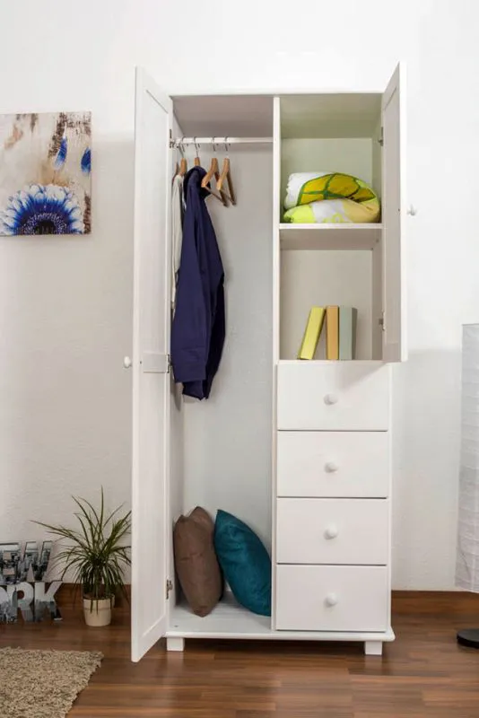 Kleiderschrank | 1 Drehtür | 4 Schubladen | mit Kleiderstange | 80 cm breit | Massivholz Kiefer | Farbe: Weiß Abbildung