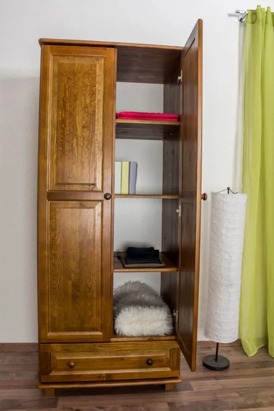Schmaler Kleiderschrank | 2 Drehtüren | 1 Schublade | 4 Fächer | mit Kleiderstange | 80 cm breit | Massivholz | Farbe: Eiche Abbildung