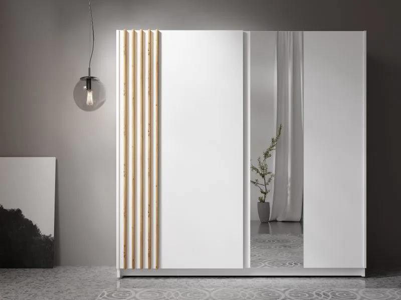 Schiebetürenschrank | Spiegel | Farbe: Weiß | Eiche Artisan Deko-Lamellen | Kleiderschrank | Maße: 200,5 x 62 x 198,5 cm | 1 Kleiderstange | 5 Fächer