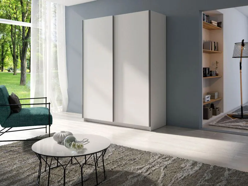 150 cm breiter Schiebetürenschrank mit 2 Türen | 5 Fächer | Kleiderstange | Farbe: Weiß Abbildung