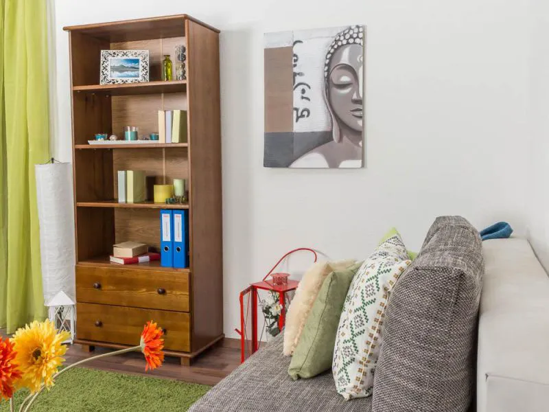 Regal, Küchenregal, Wohnzimmerregal, Bücherregal - 80 cm breit, Kiefer Holz-Massiv, Farbe: Eiche Abbildung
