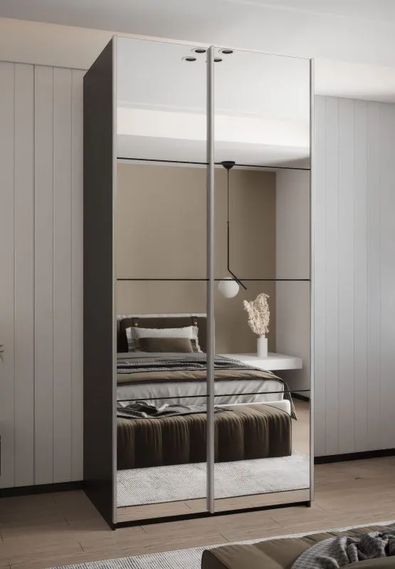 Kleiderschrank / Schiebetürenschrank | 2 Schiebetüren | 245,5 x 100 x 64 cm | 2 Kleiderstangen | 6 Fächer | 6 Einlegeböden | Farbe: Schwarz | Soft-Close