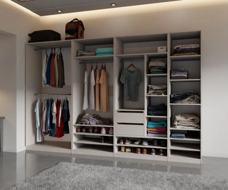Schrankset für Ankleidezimmer - Set B Cabecao | 5-teilig | Farbe: Kaschmir | offener Kleiderschrank | 2 Schubladen | kompakt | 4 Kleiderstangen