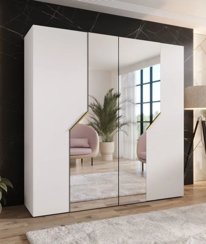 Drehtürenschrank / Kleiderschrank | Farbe: Weiß | Soft-Close-Funktion | 2 Spiegeltüren | ABS-Kanten | Griffe: Gold | Maße: 200 x 52 x 202 cm | 2 Kleiderstangen
