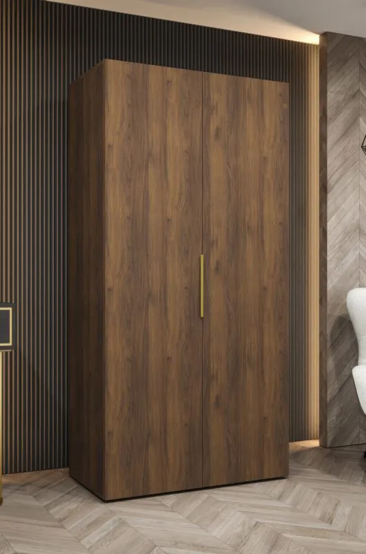 Kleiderschrank / Drehtürenschrank | Farbe: Walnuss | Griffe: Gold | ein Fach | 1 Meter breit | eine Kleiderstange | Soft-Close-Funktion | zwei Türen