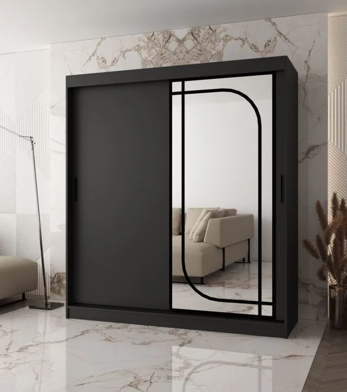 Kleiderschrank | 10 Fächer | 2 Kleiderstangen | Schwarz Matt | Schiebetürenschrank | 180 x 62 x 200 cm | 1 Spiegeltür | zuverlässiges Gleitsysteme