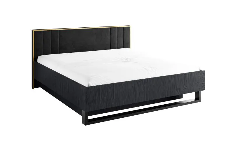 Doppelbett mit gepolsterten Kopfteil Amfipoli 11, Farbe: Schwarz mit Holzstruktur, Liegefläche: 160 x 200 cm