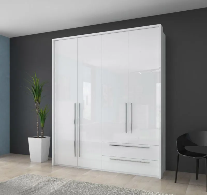 Kleiderschrank | 6 Drehtüren | 2 Schubladen | 4 Fächer | mit 2 Kleiderstangen | 187 cm breit | Farbe: Weiß Abbildung