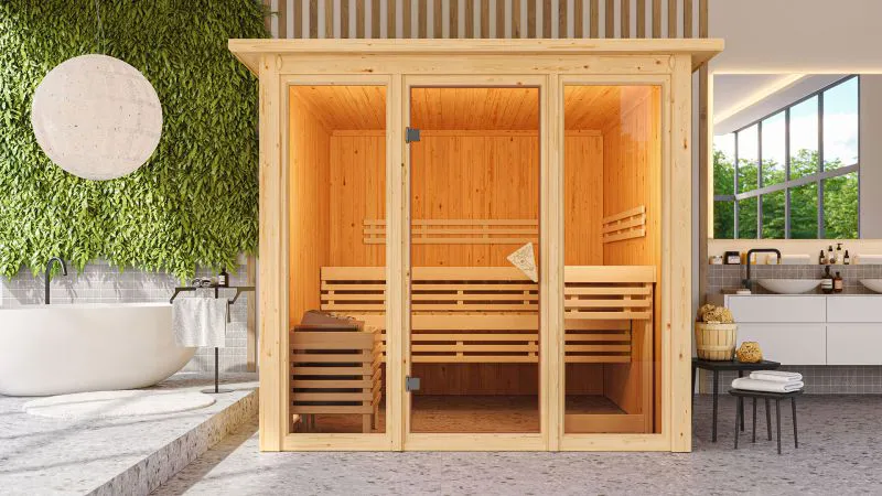 Sauna "Druna" SET mit bronzierter Tür, Glasfront und Kranz - Farbe: Natur, Ofen BIO 9 kW - 240,5 x 248 x 202 cm (B x T x H)
