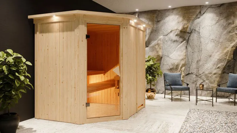 Sauna "Askjell" mit bronzierter Tür und Kranz - Farbe: Natur - 210 x 184 x 202 cm (B x T x H)