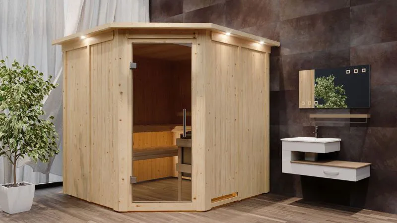 Sauna "Nooa" SET mit Kranz und graphitfarbener Tür - Farbe: Natur, Ofen 9 kW - 210 x 210 x 202 cm (B x T x H)