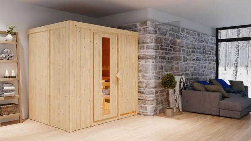 Sauna "Veli" SET mit Energiespartür - Farbe: Natur, Ofen BIO 9 kW - 196 x 151 x 198 cm (B x T x H)