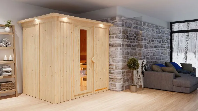Sauna "Veli" SET mit Energiespartür und Kranz - Farbe: Natur, Ofen BIO 9 kW - 210 x 165 x 202 cm (B x T x H)