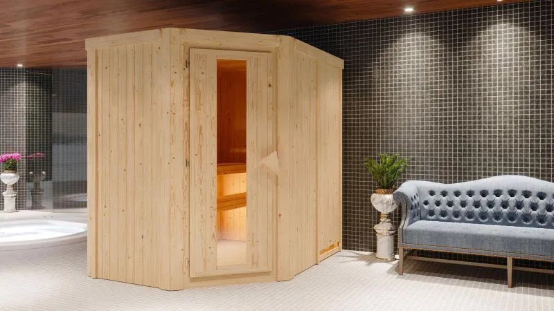 Sauna "Mika" SET mit Energiespartür - Farbe: Natur, Ofen externe Steuerung easy 9 kW - 151 x 196 x 198 cm (B x T x H)