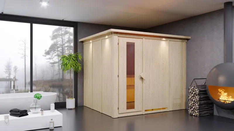 Sauna "Toivo" SET mit Energiespartür und Kranz - Farbe: Natur, Ofen 9 kW, Klimamesser, Sanduhr, Baderegeltafel - 245 x 210 x 202 cm (B x T x H)
