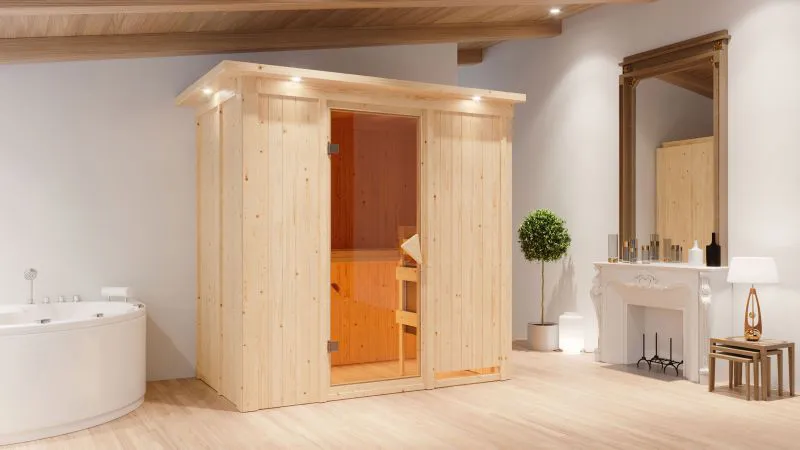 Sauna "Eeli" SET mit bronzierter Tür und Kranz mit Ofen externe Steuerung easy 9 kW - 210 x 132 x 202 cm (B x T x H)