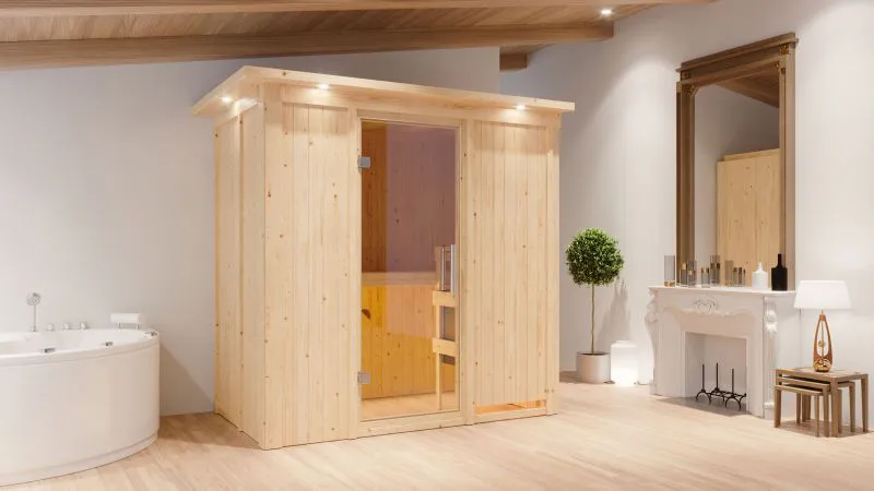 Sauna "Eeli" SET mit Klarglastür, Kranz & Ofen BIO 9 kW kombi - 210 x 132 x 202 cm (B x T x H)
