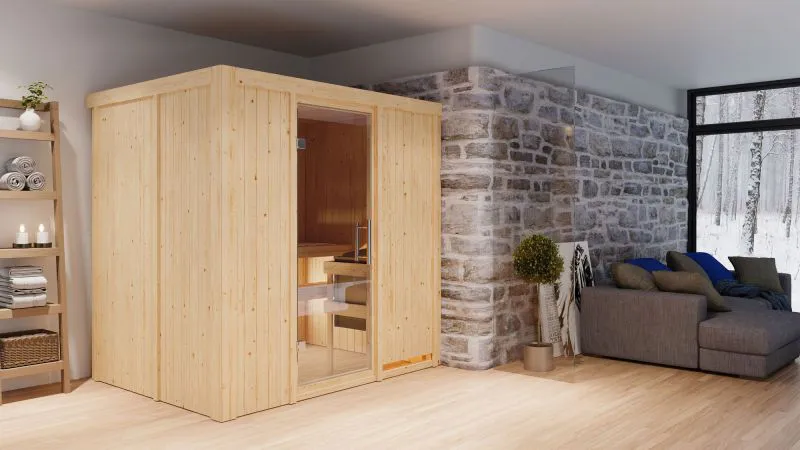 Sauna "Veli" SET mit Klarglastür & Ofen 9 kW - 196 x 151 x 198 cm (B x T x H)