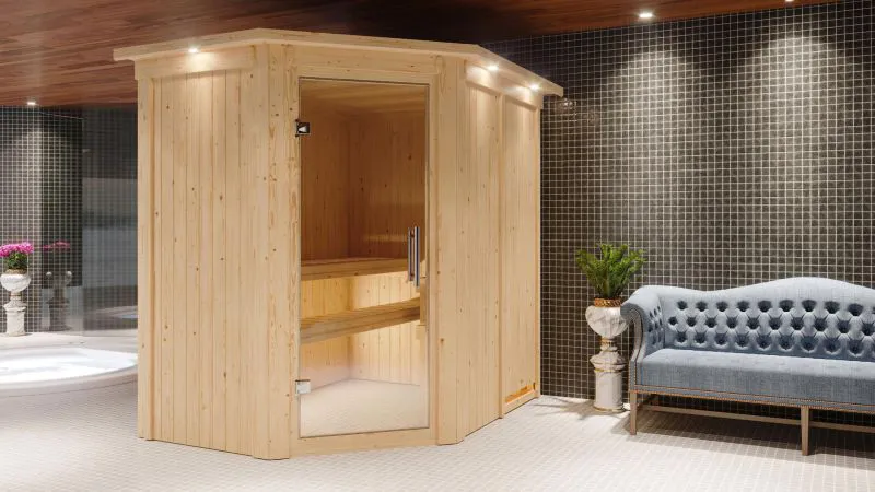 Sauna "Mika" SET mit Klarglastür, Kranz & Ofen BIO 9 kW - 165 x 210 x 202 cm (B x T x H)