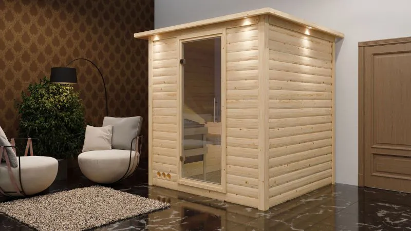 Sauna "Jonna" SET mit Klarglastür, Kranz & Ofen externe Steuerung easy 9 KW - 224 x 210 x 206 cm (B x T x H)