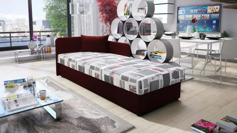 Tagesbett / Einzelbett mit genügend Stauraum Lobatos 55, Farbe: Rot, Gästebett, Sofa-Bett, Liegefläche: 80 x 195 cm, Kopfteil links, bequeme Polsterung