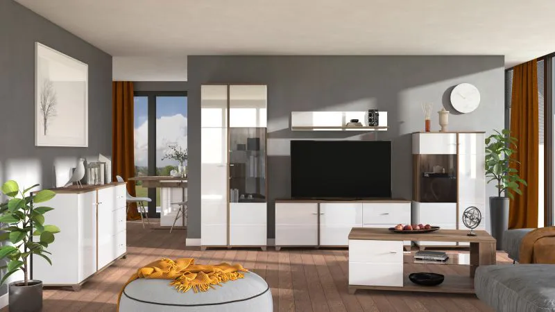 Wohnzimmer Komplett - Set A Kanjiza, 6-teilig, Farbe: Eiche Flagstaff / Weiß / Weiß Hochglanz, zwei Vitrinen, ein TV-Schrank, ein Wandregal, eine Kommode und ein Couchtisch