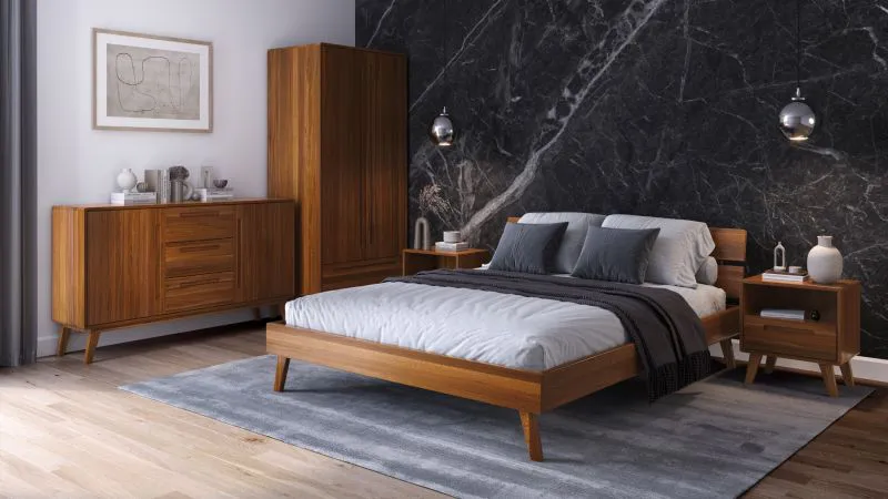 Schlafzimmer - Set J Engordany | 5-teilig | Farbe: Eiche Rustikal | Buche Vollholz massiv | lackiert | 2 Nachtkommode | 1 Doppelbett mit stabiler Kopfstütze | 1 Kommode | 1 Kleiderschrank