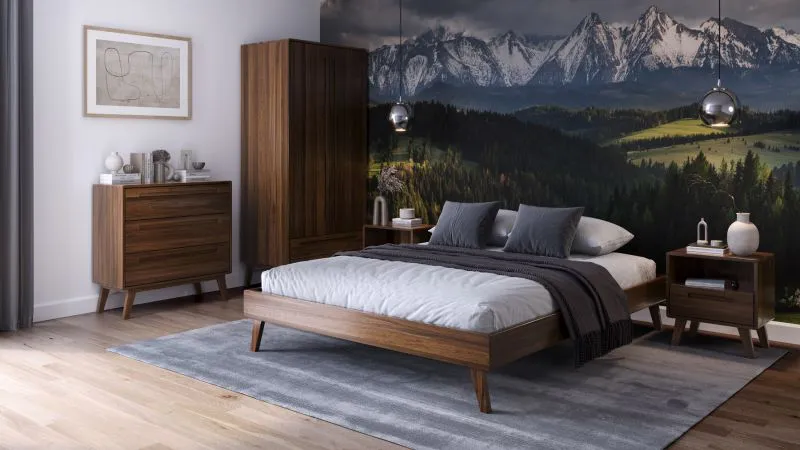 Schlafzimmer - Set N Engordany | 5-teilig | Farbe: Walnuss | Buche Vollholz massiv | lackiert | 2 Nachtkommode | 1 Doppelbett | 1 Kommode | 1 Kleiderschrank | hochwertige Verarbeitung