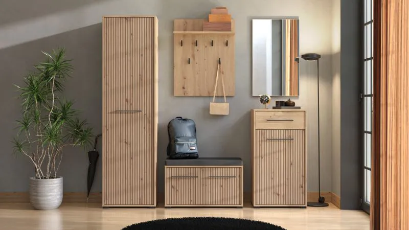 Garderobe Komplett - Set A Paduna, 5-teilig, Farbe: Eiche Artisan, ein Garderobenschrank, eine Kommode, ein Schuhschrank mit Sitzkissen, Spiegel und Garderobe mit 6 Haken